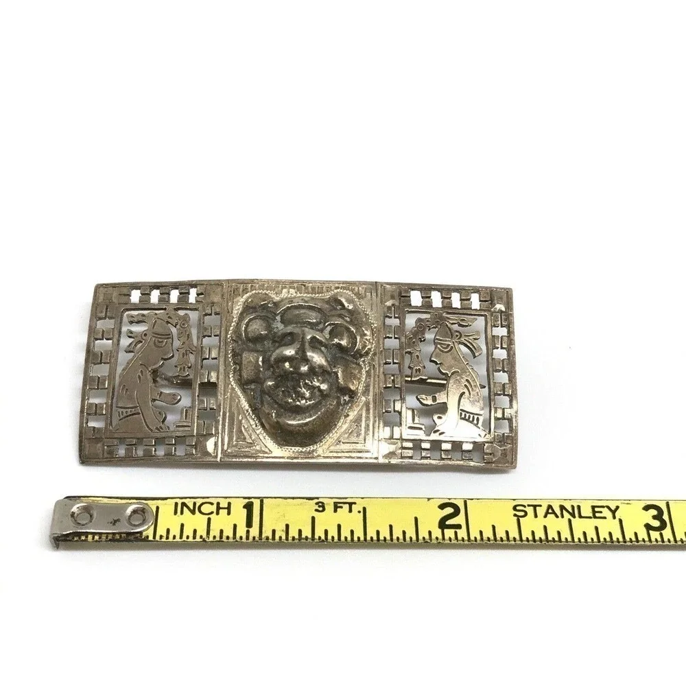 Vintage A.L. Guate Signed 900 Silver Unique Detailed Bar Shaped Brooch Pin